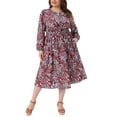 thumbnail image 2 of Plus Size Dress for Women 2025 Fall Boho Floral Notch V Neck Long Sleeve A Line Flowy Dress with Pockets 1X Burgundy, 2 of 6