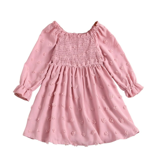 HXWCHs Robe Imprimée Filles Élégante Robe à Étages Smockée avec Imprimé Floral Brodé Lettrage Manches Longues Col Carré Volant Décontracté Fête Rose 6-7 Ans