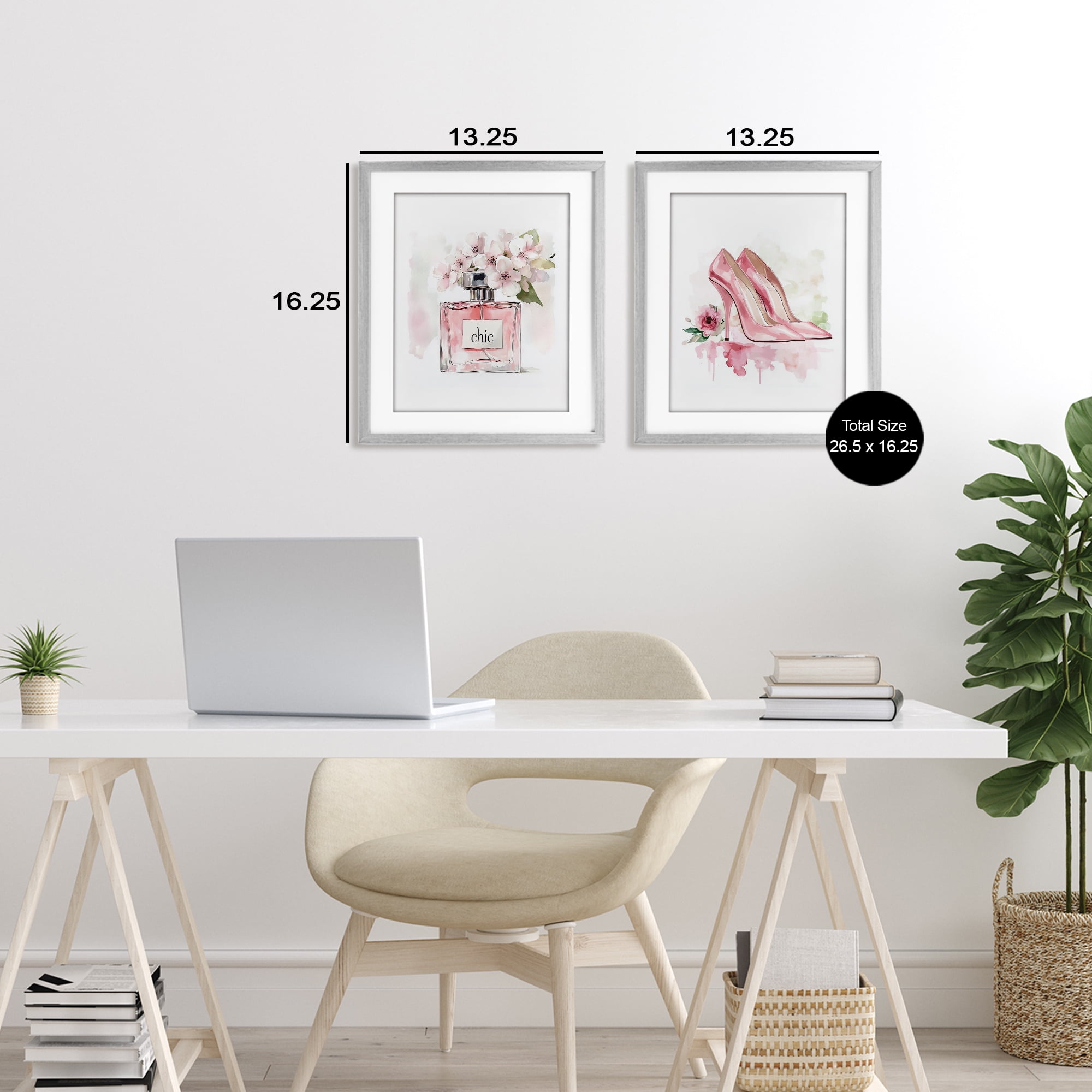 Rosy Pastel Perfume & Heels 2 Piece Gray Framed Print Under Glass Set, design by Christine Simpson Art