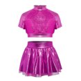 thumbnail image 3 of Aiihoo Kids Girls Jazz Dance Performance Outfit Mock Neck Short Sleeve Sequins Metallic Shirt Crop Top with Shiny Tutu Skirt Streetwear Rose 12, 3 of 6