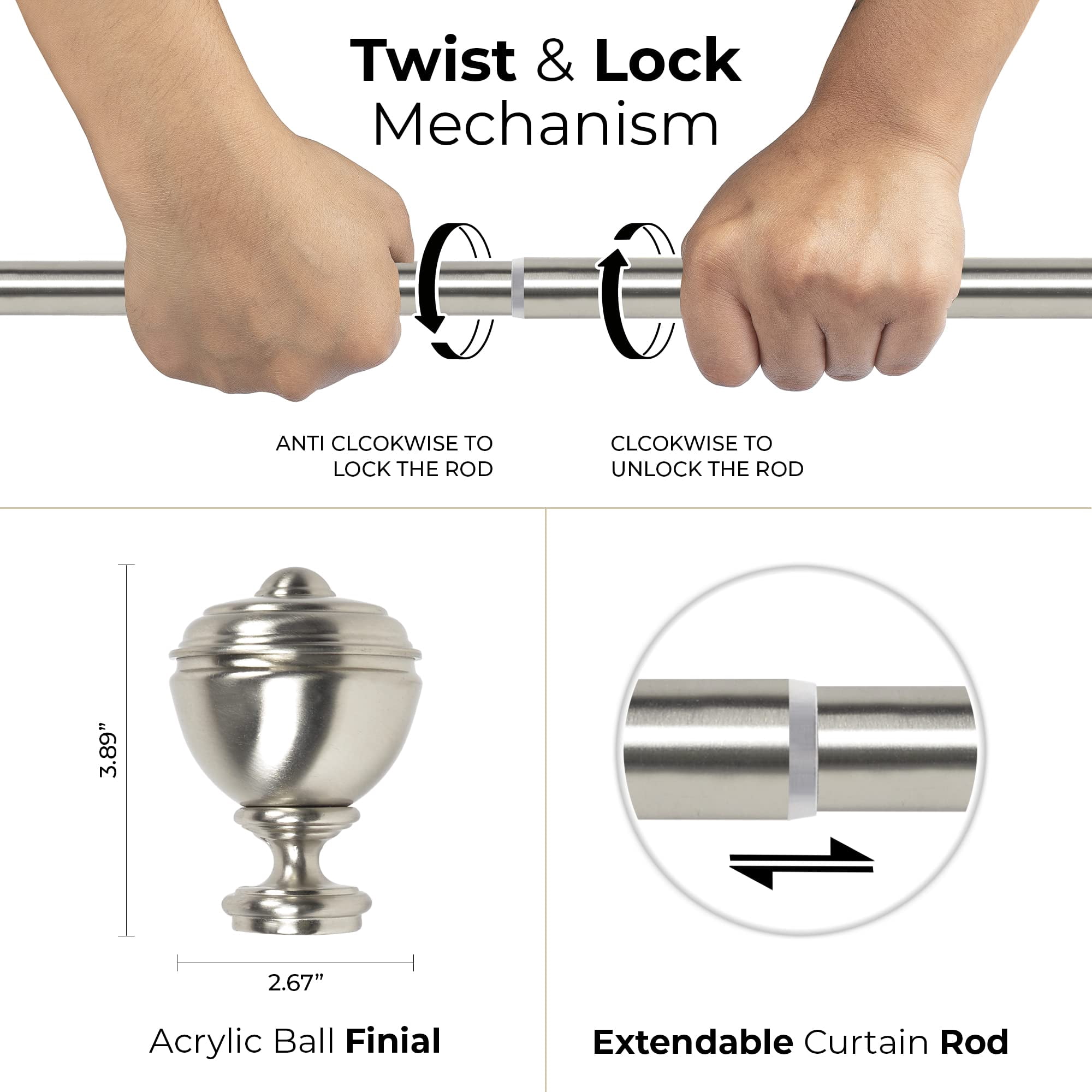 Deco Window Modern 1 in Satin Silver Stacked Round Adjustable Single Curtain Rods, 52 in - 144 in