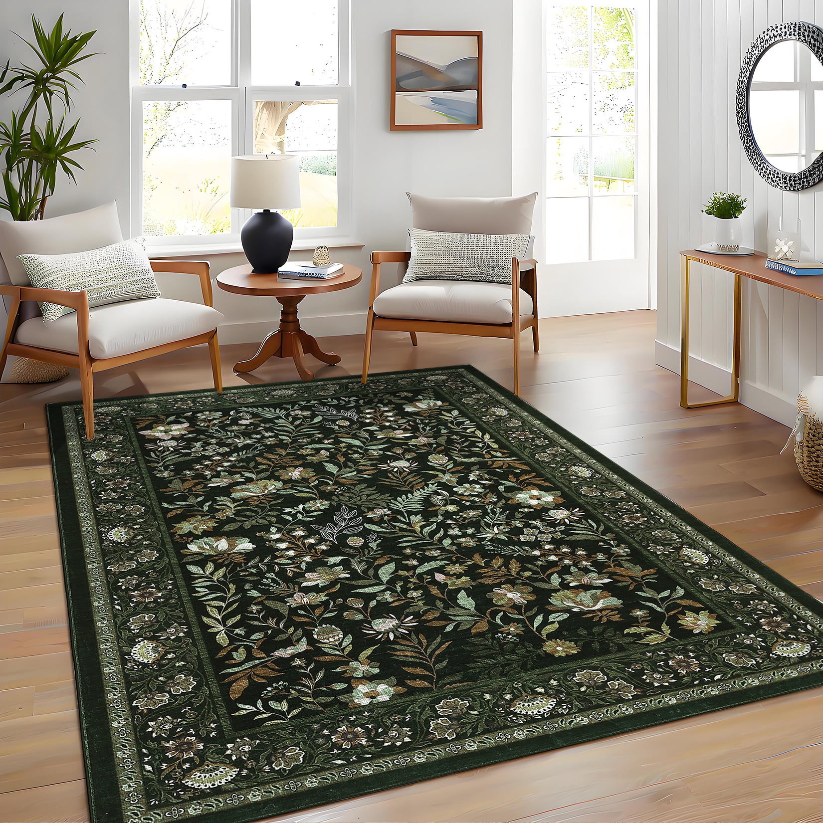Tzou Floral Washable Area Rugs for Living Room, 8x10ft Vintage Non-Slip Boho Carpet, Soft Stain-Resistant Indoor Rug for Bedroom, Office(Dark Green)