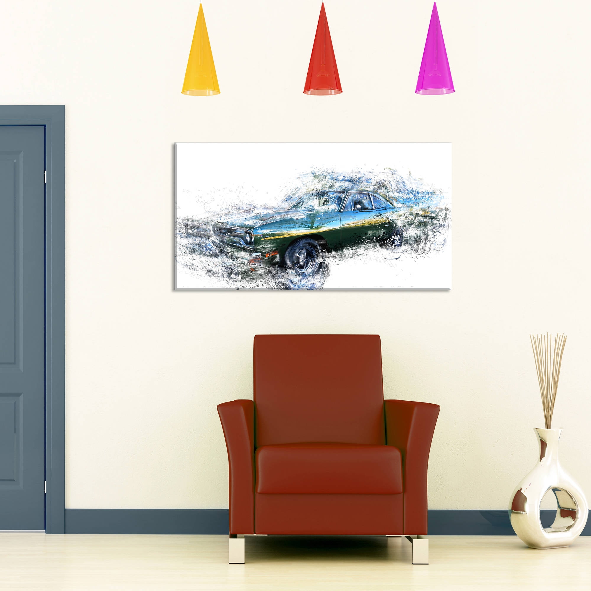 DESIGN ART Blue and Green Muscle Car, 32 x 16-inch Canvas