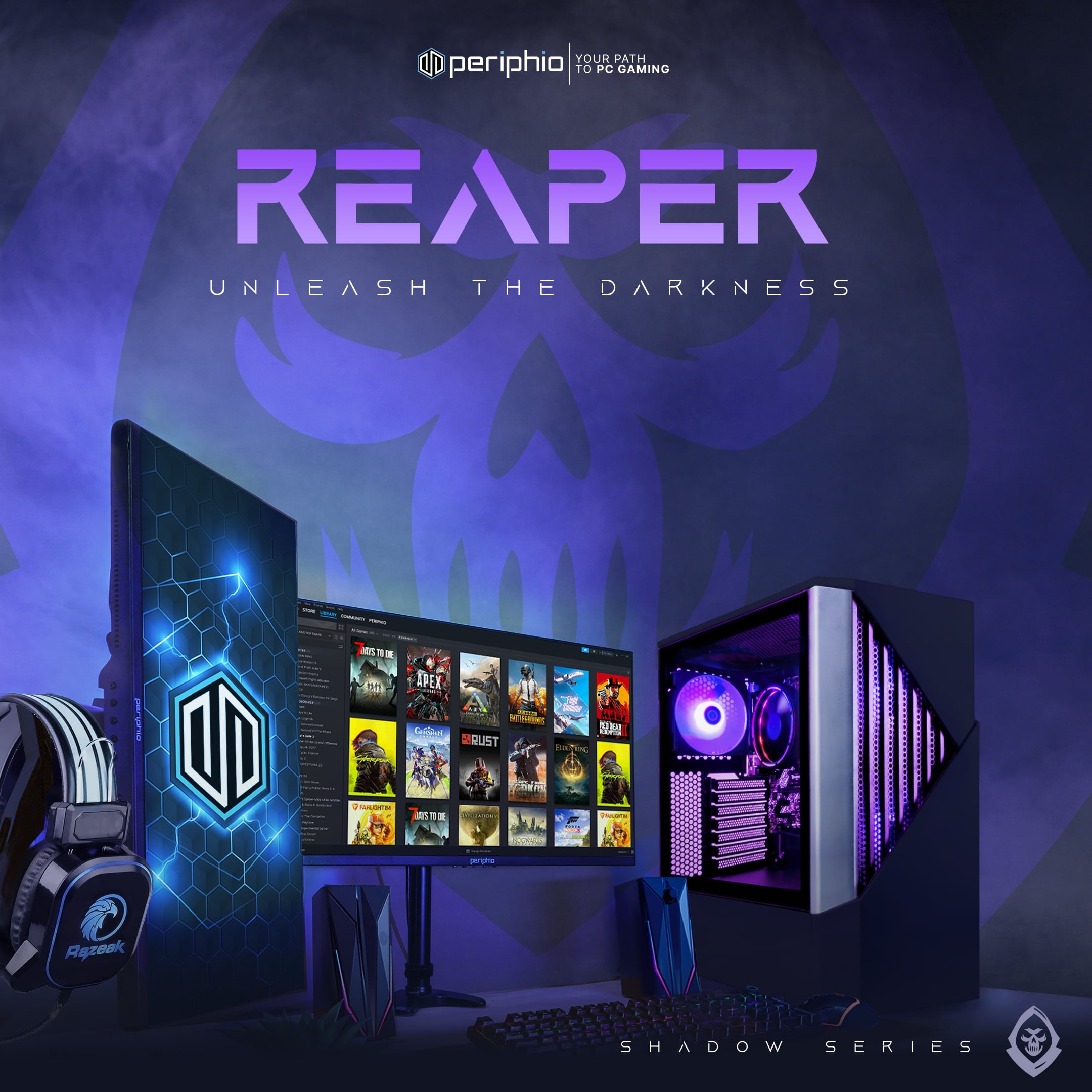 Periphio Reaper Gaming PC Computer - AMD Ryzen 5 5600G, Radeon Vega 7 Graphics, 1TB NVMe, 16GB DDR4 RAM, Windows 11 RGB Battlestation Gaming Bundle