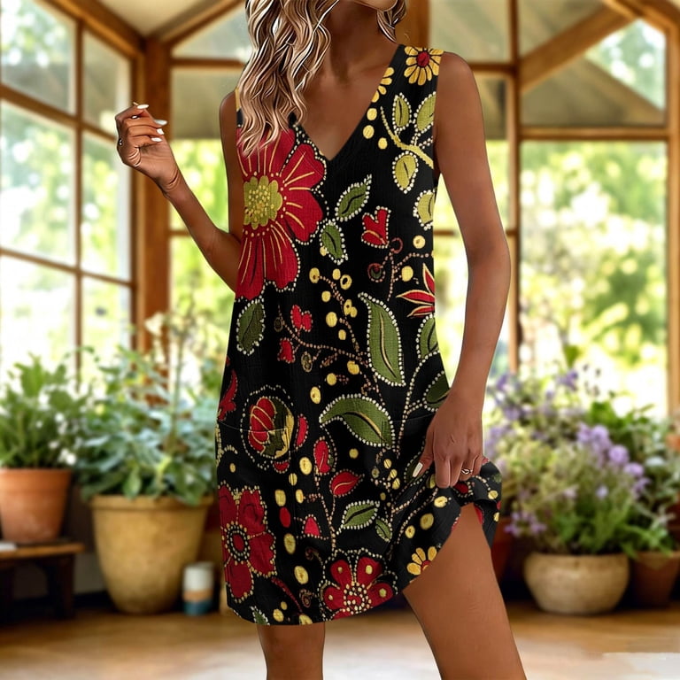 Lenago Summer Short Dress Women Plus Size Sleeveless V-Neck Floral Printed Pockets Summer Women's Flowy Beach Vacation Outdoor Casual Loose Dresses
