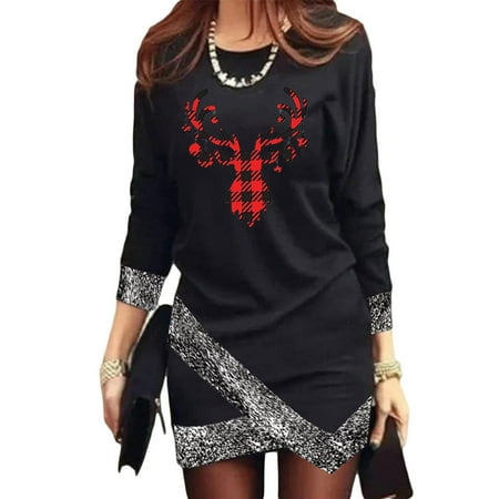 

jsaierl Christmas Dresses for Women Asymmetrical Long Sleeve Mini Dress Holiday Gnomes Print Casual Crewneck Bodycon Dress for Party 2022