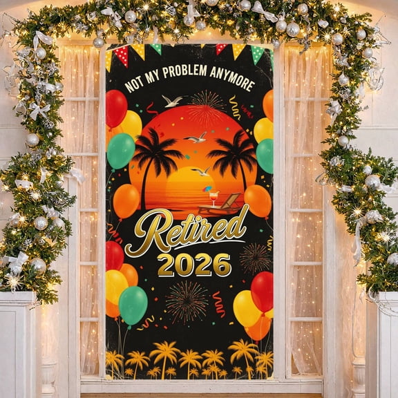 Colorful Balloons Retirement Banner Gold Lettering Retirement Backdrop Palm Tree Pattern Fireworks Design Celebration Display for Retirement Party Retiree Gathering Beach Celebration