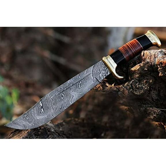 16" Long hand forged Damascus steel Hunting Bowie Knife, Bull horn and wood scale with Brass finger guard & Pommel, Cow Hide Leather sheath with belt loop