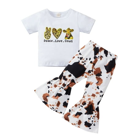 

EYIIYE Baby Girls Short Sleeve Letters Print T-Shirt Tie-Dyed Print Flared Bell Bottom Pants Summer 2PCS Outfit