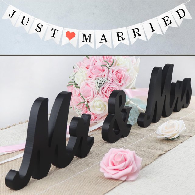 Mr and Mrs Signs Decoraciones de mesa de boda Letras independientes de madera para accesorios fotográficos Decoración de boda rústica Regalo de despedida de soltera de aniversario (negro + pancarta)