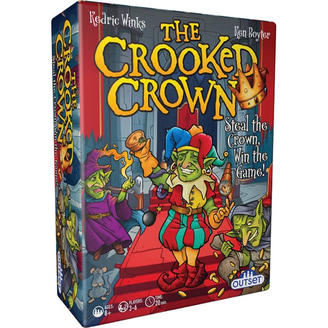Crooked Crown board game by Outset Media featuring playful goblin kingdom art on the box. The cover shows goblin characters in vibrant costumes, including a jester holding the crown, surrounded by other goblins in a castle setting. A bluffing and quick-play board game suitable for ages 8+, 3-6 players, and a 20-minute playtime.