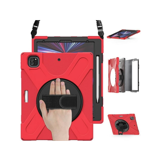 iPad Pro 12.9 Case 2022 2021, Shockproof Cover with Pencil Holder and Kickstand Hand/Shoulder Strap For iPad Pro 12.9 inch 2022 2021 6th 5th Generation