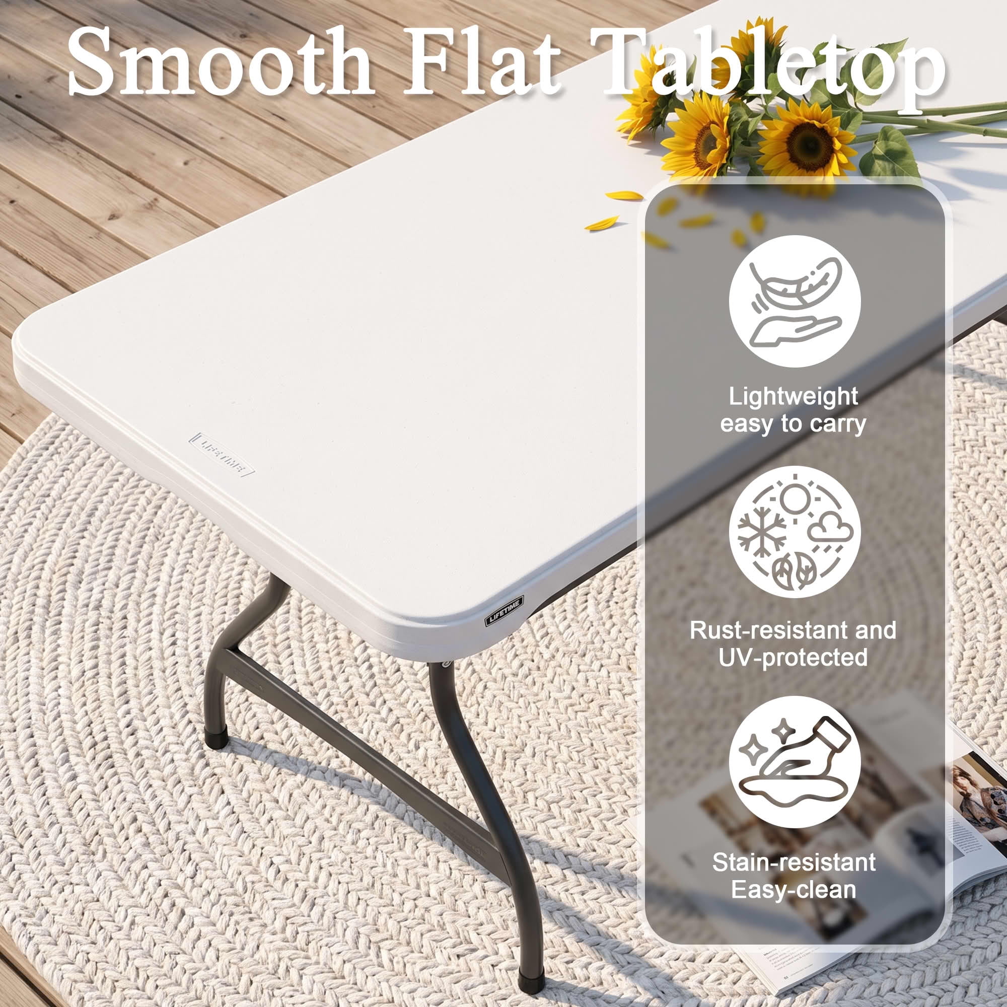 MAYEERTY 6FT White HDPE Fold-in-Half Folding Table, 507LB Capacity Powder Coated Steel Frame UV Water Resistant Portable Table