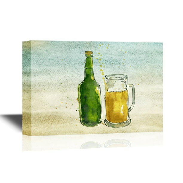 Wall26 Canvas Wall Art Beer Bottle And Glass On Vintage Background Gallery Wrap Modern Home Decor Ready To Hang 24x36 Inches Com - Beer Bottle Wall Art