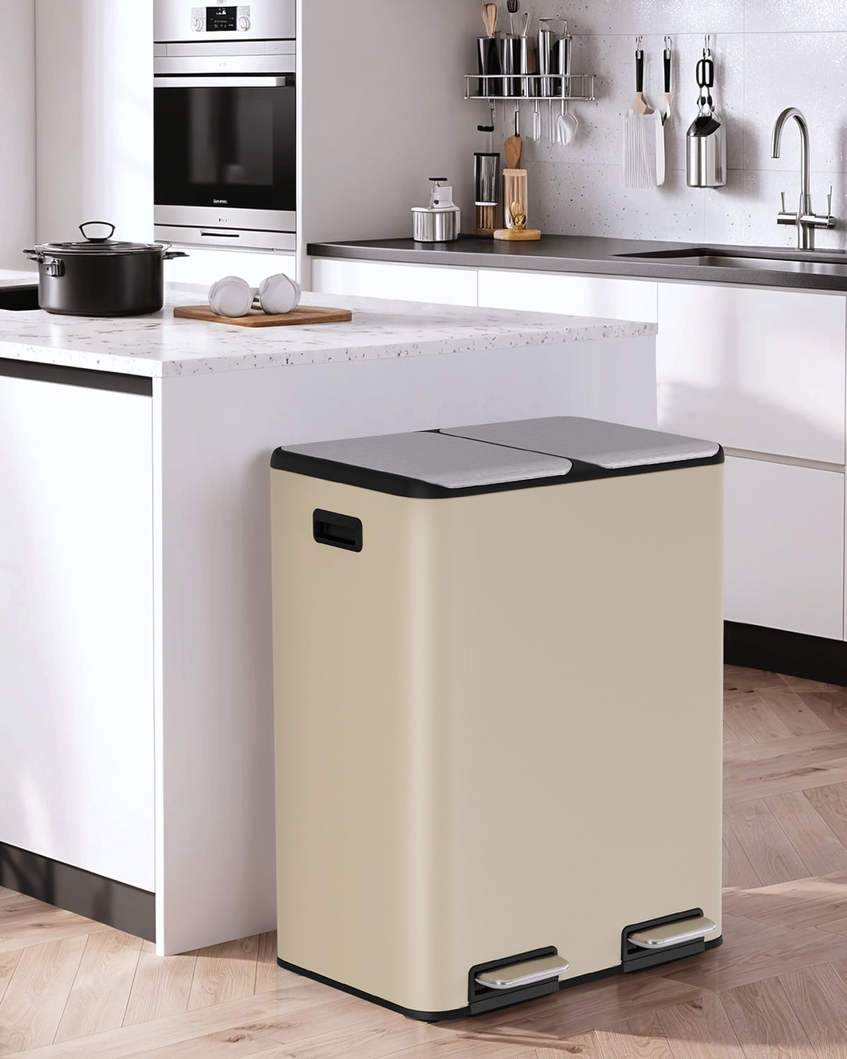 TLSUNNY 16 Gal Dual Trash Can, Stainless Steel Step Kitchen Garbage Bin, Recycle Dustbin with Odor Control Box, Inner Buckets, for Home Office