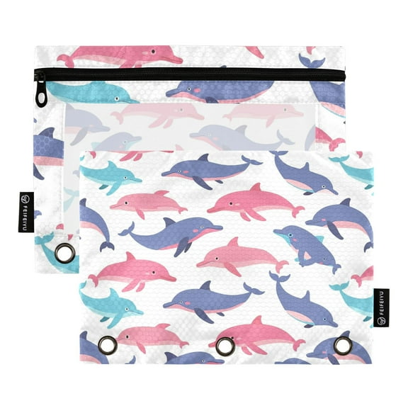 Colorful Cute Dolphin 2 Pack Pencil Pouch for 3 Ring Binder Smooth Zipper Folders with Pockets Clear Window Pencil Case
