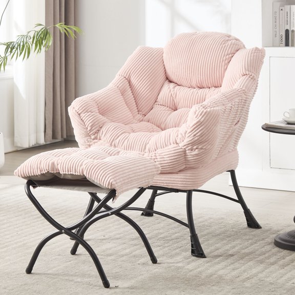 Modern Lounge Lazy Chair With Ottoman In Fluffy Flannelette Upholstery For Small Spaces, Ideal For Reading And Relaxing In Living Room Or Bedroom, Strong Steel Frame