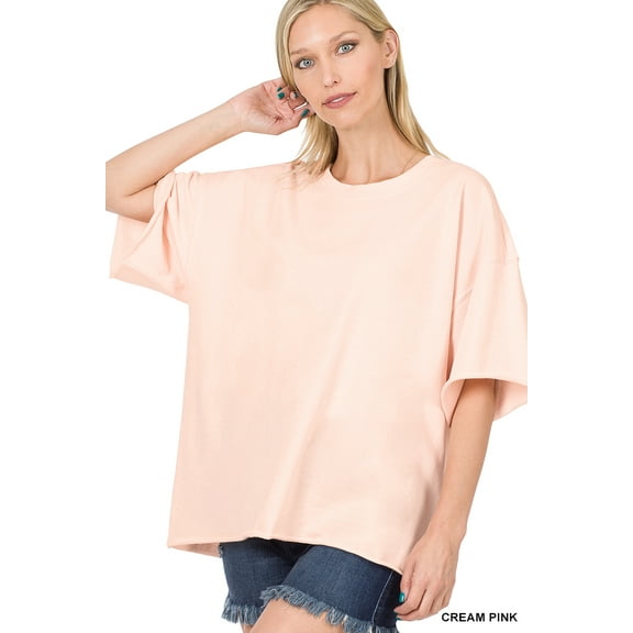 TheLovely Women & Plus Cotton French Terry Drop Shoulder Raw Edge Relaxed Casual Solid Tee Shirt Top