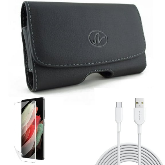 Matte Screen Protector & Case Belt Clip & 6ft USB-C Cable for Samsung Galaxy S22 Plus (S22 ) - Combo TPU Film Anti-Glare & Leather Swivel Holster & Type-C Fast Charger Cord