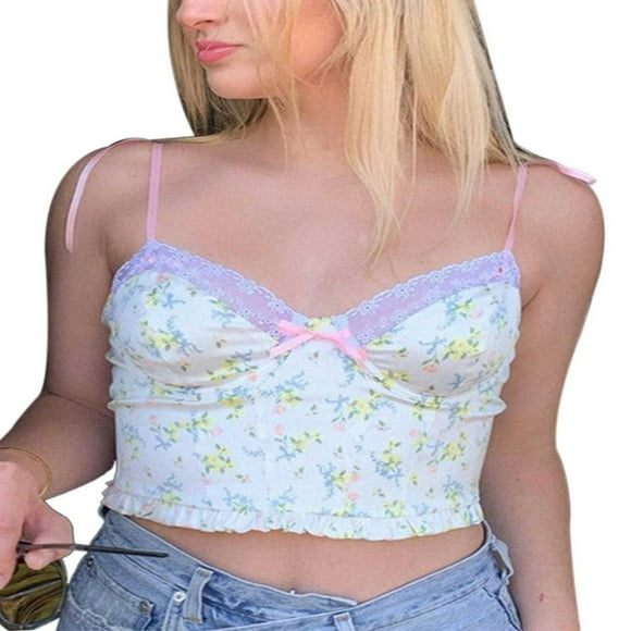 Women Lace Crop Top Sexy Strap Tank Top Backless Slim E-Girl Camis Sleeveless Summer See Through Top Shirt