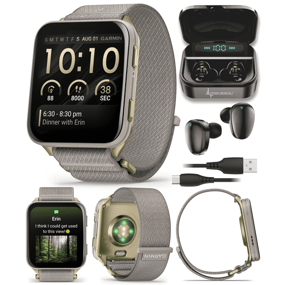 Garmin Venu X1 Thin and Lightweight GPS Smartwatch, AMOLED Display, Soft Gold with Titanium Caseback & French Gray Nylon Band with Wearable4U Black EarBuds Bundle