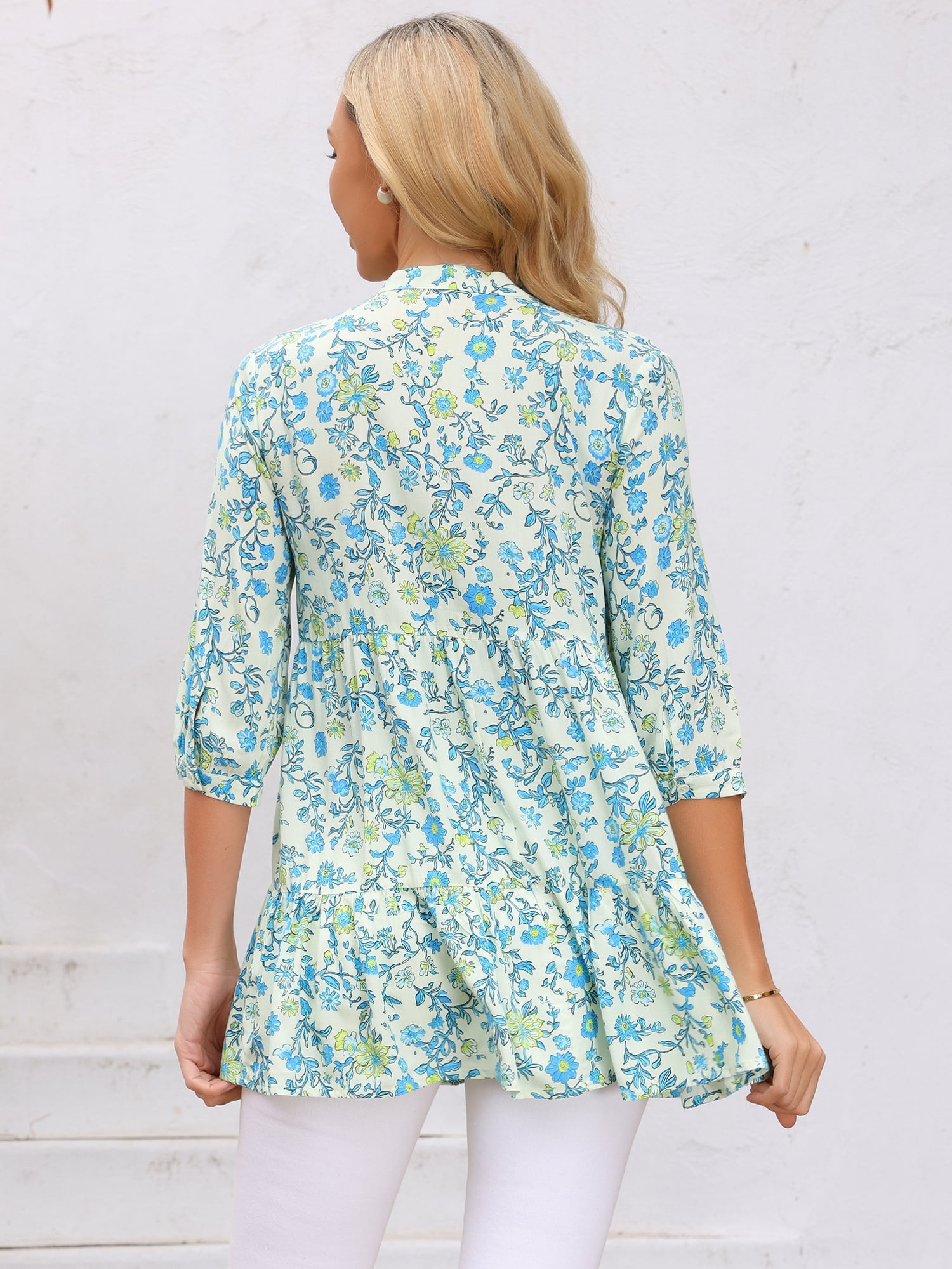 DARING DIVA Women's Floral Notch V Neck 3/4 Sleeve Babydoll Ruffle Tunic Blouse M Beige