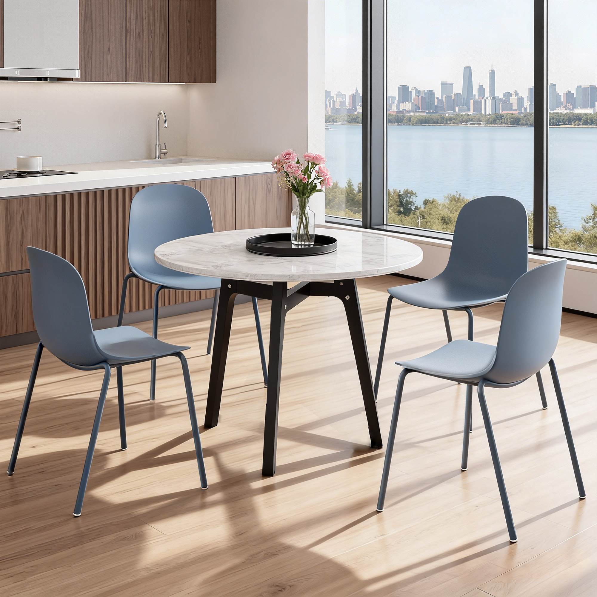MAYEERTY Blue Set of 4 Modern Stackable Plastic Waterproof Dining Chairs, Metal Legs, Indoor/Outdoor Use