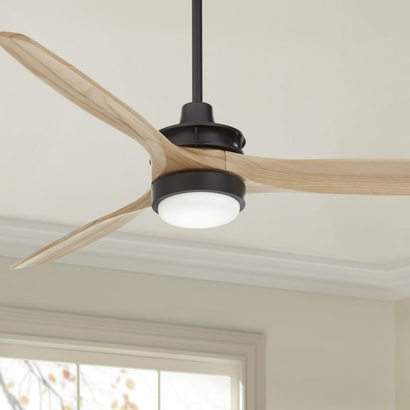 52" Casa Vieja Rustic Farmhouse 3 Blade Indoor Ceiling Fan with Dimmable LED Light Remote Control Matte Black Natural Solid for Living Room Kitchen