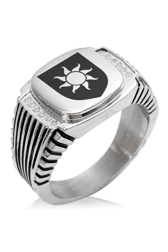 Stainless Steel Sun Splendor Coat of Arms Shield CZ Ribbed Needle Stripe Pattern Biker Style Polished Ring