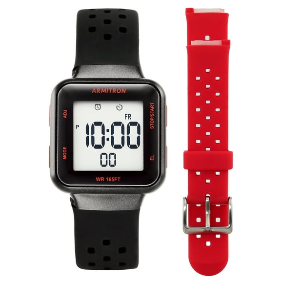 Armitron Unisex Adult Sport Wristwatch with Black Square Dial and Red Strap