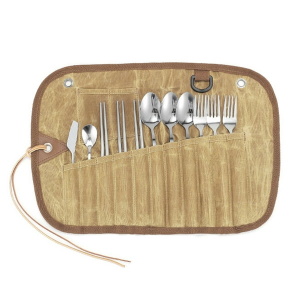 Bolsa de almacenamiento Bolsa enrollable para cubiertos Bolsa de transporte para cubiertos de lona encerada con 11 piezas Juego de cubiertos Tenedores Cucharas Palillos Esparcidor de mantequilla Cucha Abanopi Bolsa de almacenamiento