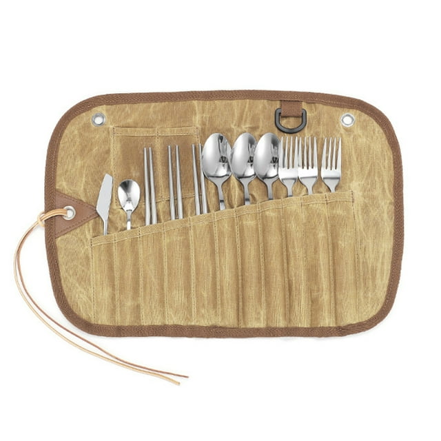 Graflsoa Ensemble de Couverts d'Extérieur en Toile Cirée avec Ustensiles en Acier Inoxydable et Sac de Rangement Compact