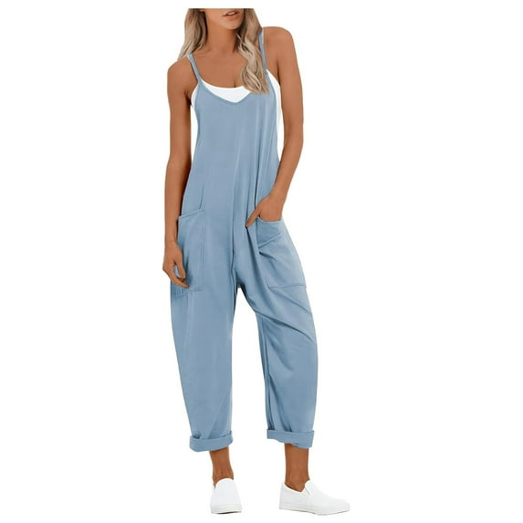 Conairie Bib Overalls Women Solid Color Casual Adjustable Straps Jumpsuits Summer Baggy Pants With Pockets Blue XXL