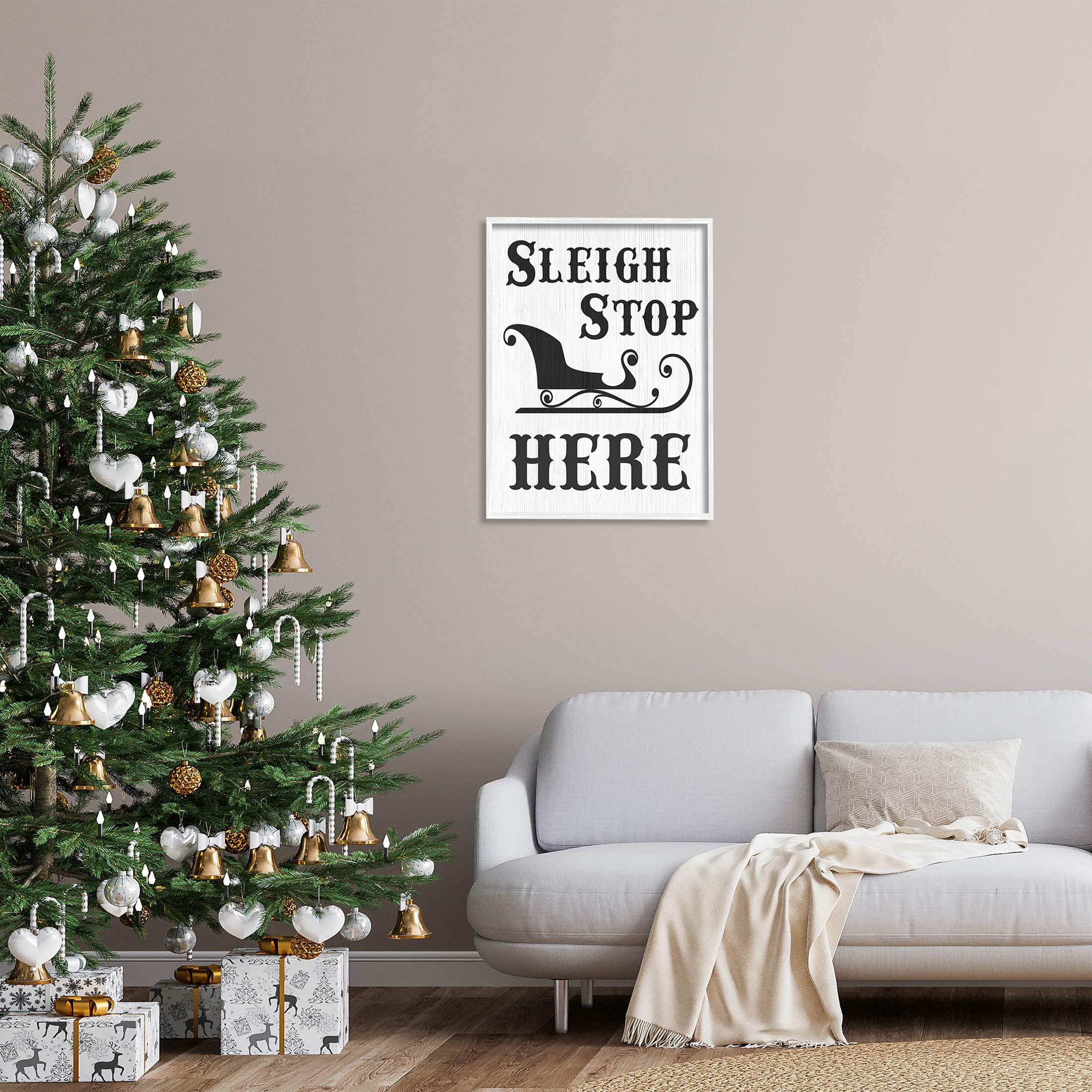 Sleigh Stop Here Holiday Sled Holiday Graphic Art White Framed Art Print Wall Art