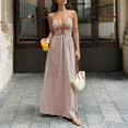 thumbnail image 4 of ClodeEU Women's Deep V Neck Halter Stripe Maxi Dress, Backless Sleeveless Casual Beach Long Dress Coffee,Womens Plus M, 4 of 6
