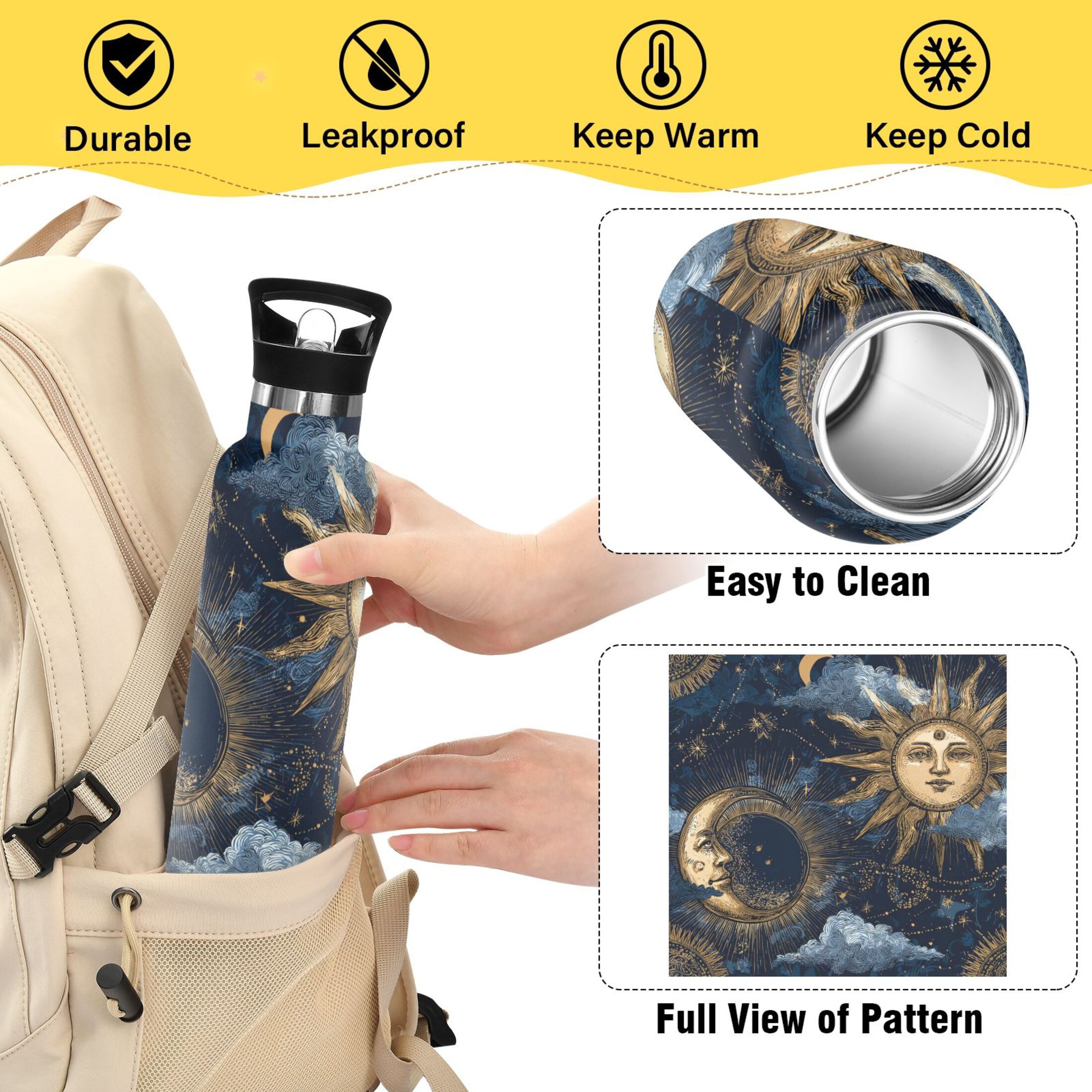 600ML Stainless Steel Insulated Cup Sports Water Bottle Portable Thermos Cup Water Glasses Insulated Tumblers Convenient and Durable Golden Sun