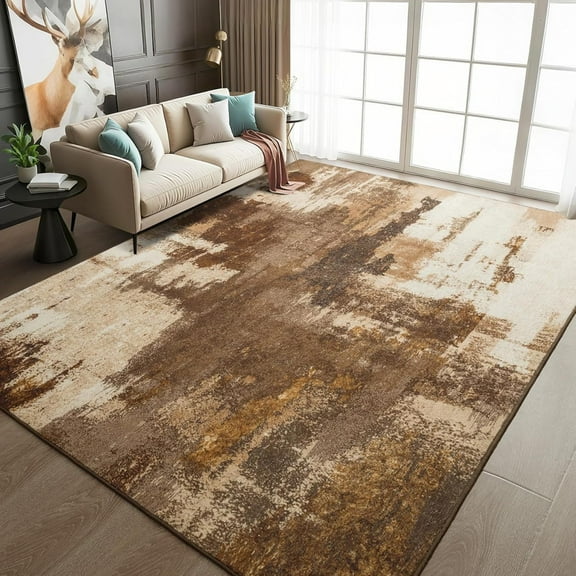 Brown Living Room Area Rug, Large Washable Rugs For Bedroom Dining Room, Soft Boho Abstract Area Rugs, Modern Non Slip Low Pile Carpet For Office Study Kids Room, Coffee-5x6ft