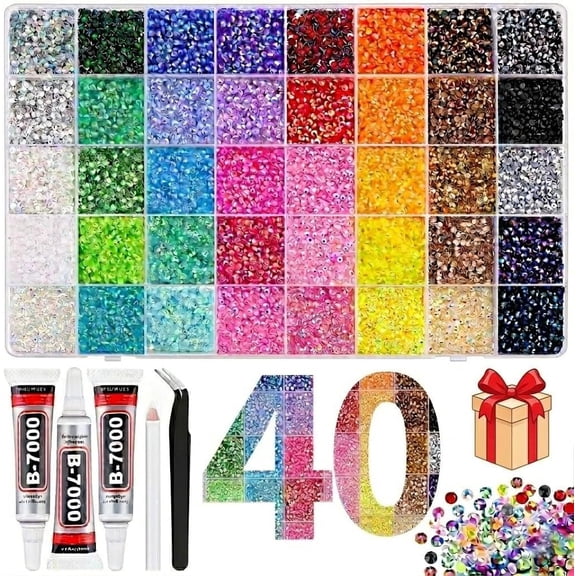 40000Pcs Rhinestone Bedazzling Kit, 40 Colors 3mm Flatback Resin Jelly Gems for Crafts, Nail Art, DIY Projects, Includes 3pcs B7000 Glue & Tweezers