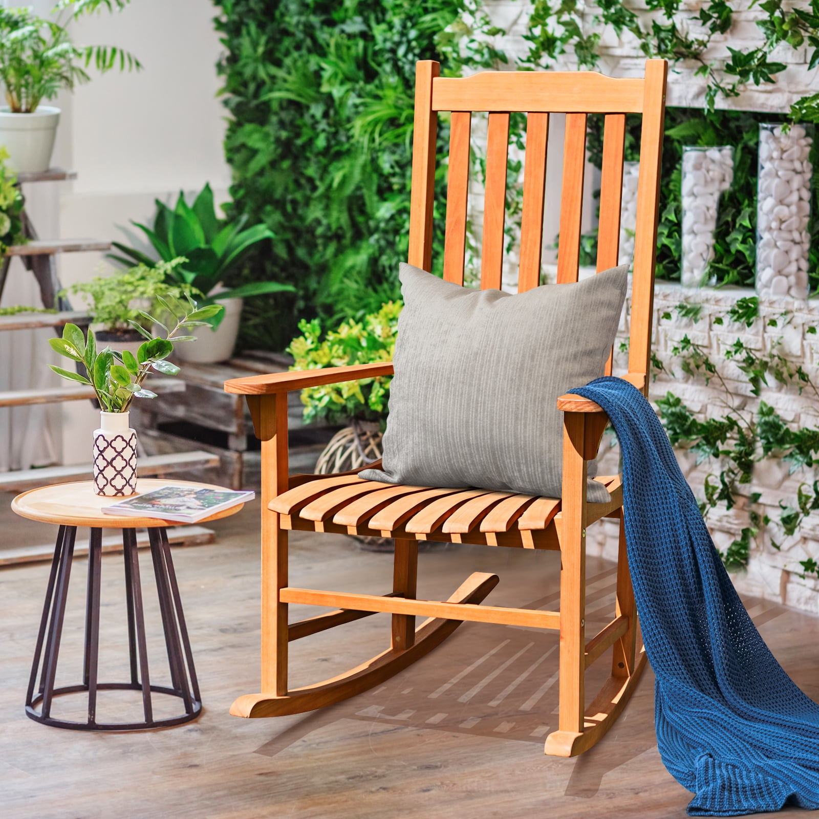 Patiojoy Outdoor Single Rocking Chair Wooden Patio Rocker Chair Natural Wood