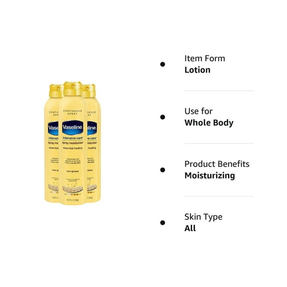Vaseline Intensive Care Spray Moisturizer Essential Healing, 6.5 oz ( Pack of 3)