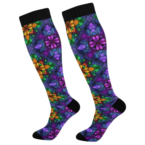 FORMRS Womens Knee High Socks Casual Long Thick Travel Daily Wear, 1 Pair, Purple Stained Glass Pattern