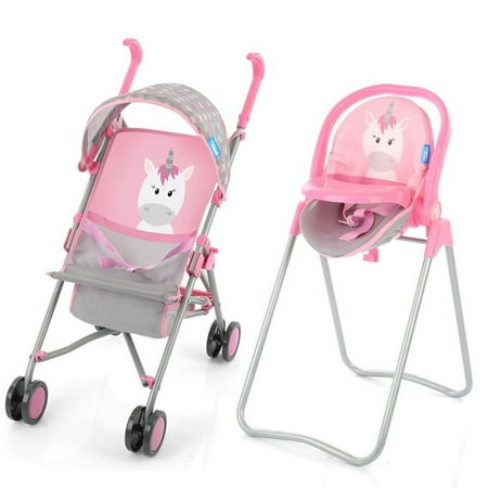 hauck Unicorn Toy & Care Set - Includes a Doll Stroller, Swing & High Chair Combo, Fits Dolls Up to 16" Doll Strollers, 2 Pieces