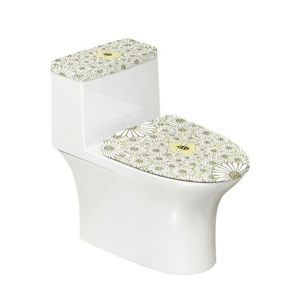 COEQINE Toilet Lid Cover and Toilet Tank Cover, Durable Polyester Fabric Easy to Clean Toilet Cover 2 Piece Set for Home Bathroom Decor, Daisy Floral Bee Yellow