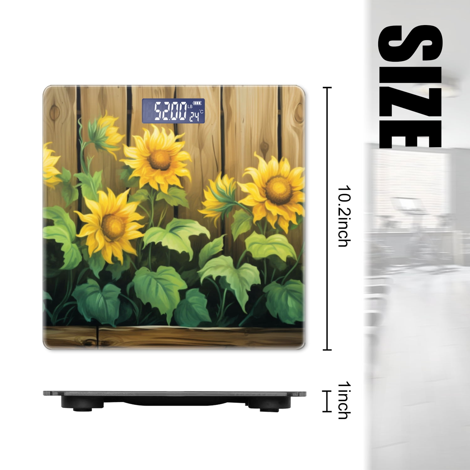 Bathroom Scale, Highly Accurate Digital Body Scale,Precisely Measures Weight up to 400 lbs-Sunflowers In Wooden Fence Background