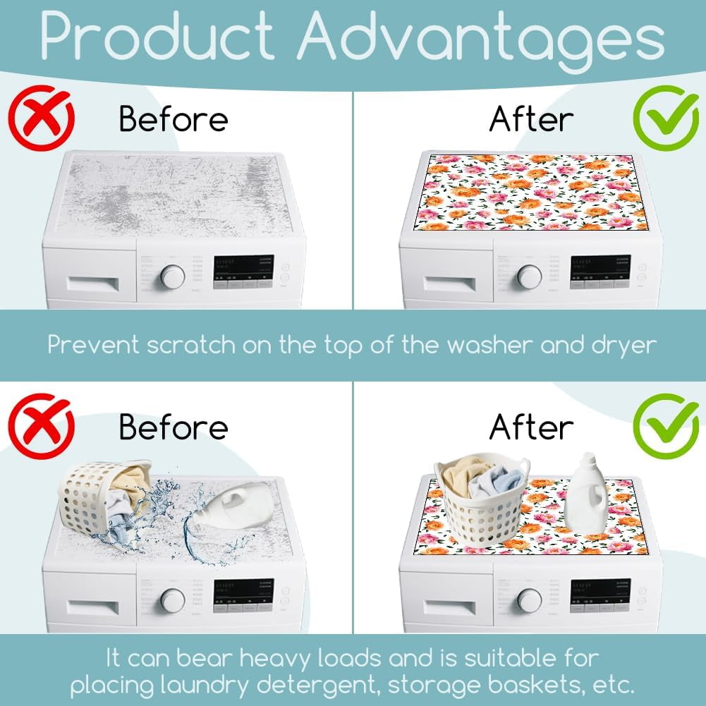 Peony Flower Washer Dryer Dust Cover 23.6×19.69inch Leaves Washing Machine Top Protector Pads Non Slip Washing Machine Top Covers