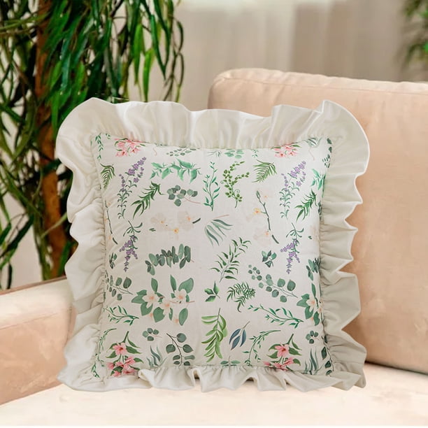 Funda de almohada con volantes, estampado verde, para sala de estar, sofá, cojín lumbar, funda de almohada de noche, cremallera invisible, 45 x 45 cm (17,7 x 17,7 pulgadas)