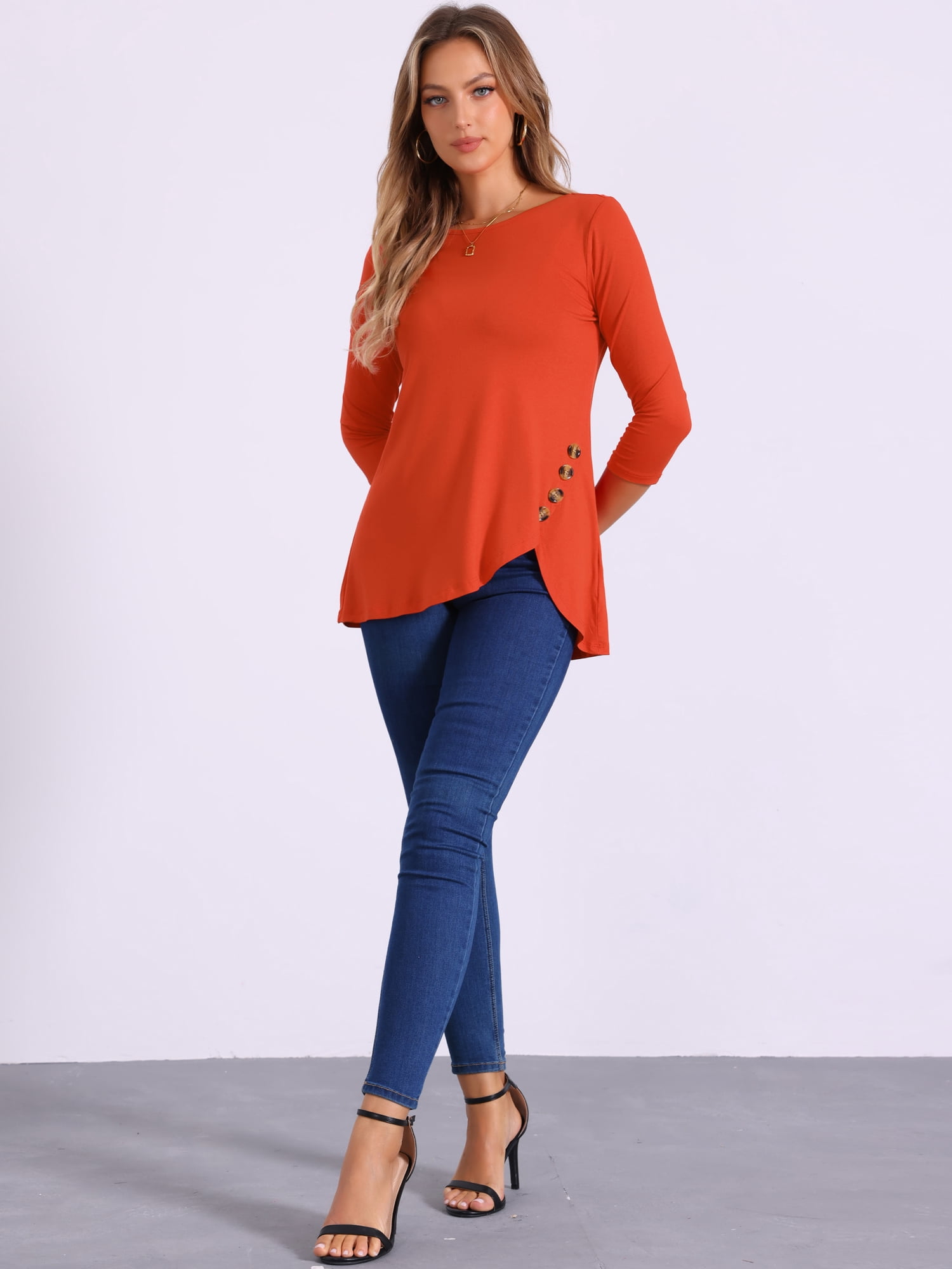 DARING DIVA Women's Casual Stretchy Tunic Asymmetric Hem Top XS Orange