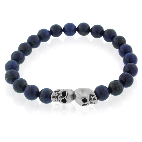 EDFORCE Stainless Steel Blue Silver-Tone Double Skull Beaded Stretch Bracelet, 8"