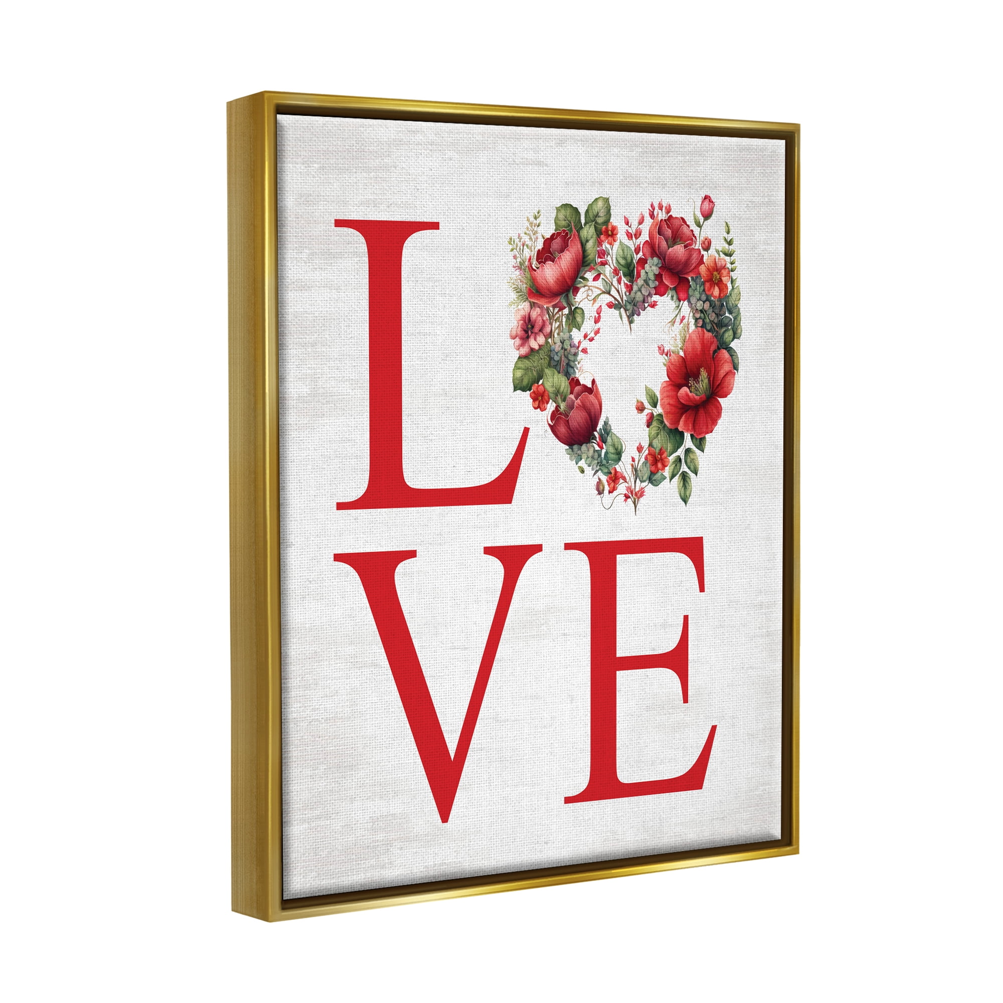 Stupell Industries Love with Heart Wreath Botanical & Floral Painting Gold Floater Framed Canvas Art Print Wall Art, 17 x 21