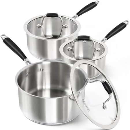 Triply Stainless Steel Saucepan with Lid 6 Pcs Stainless Steel Sauce Pan with Bakelite Handle Multipurpose Saucepans Set for Kitchen Cooking Induction Compatible - 1QT 2QT 3QT